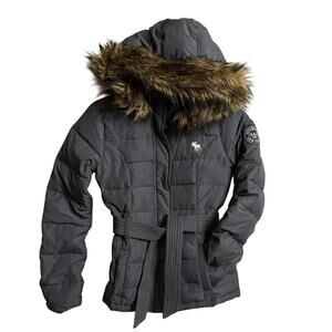 Abercrombie & Fitch Y2K Black Fur Lined Hooded Jacket Size Large